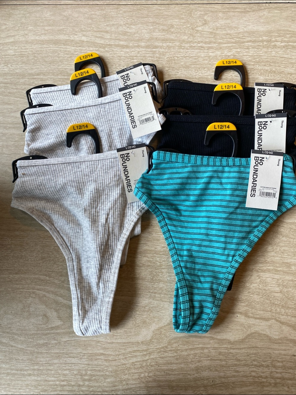 No Boundaries Women’s 6-Pack High-Cut Thongs, c - Black, Light Gray, Teal Stripe